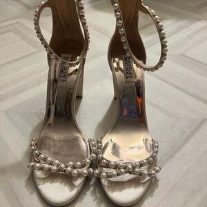 Badgley Mischka Pearl-Embellished Satin Heels in Ivory Champagne